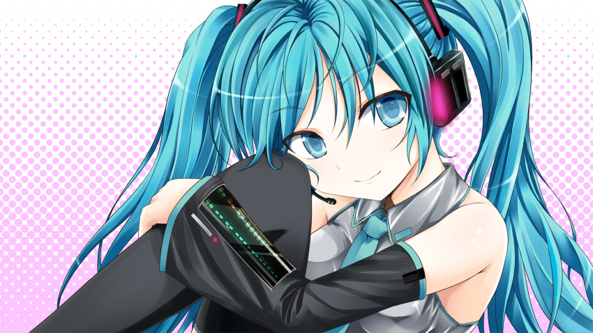 1920x1080, aqua_eyes, aqua_hair, bare_shoulders, close, close-up, detached_sleeves, flo