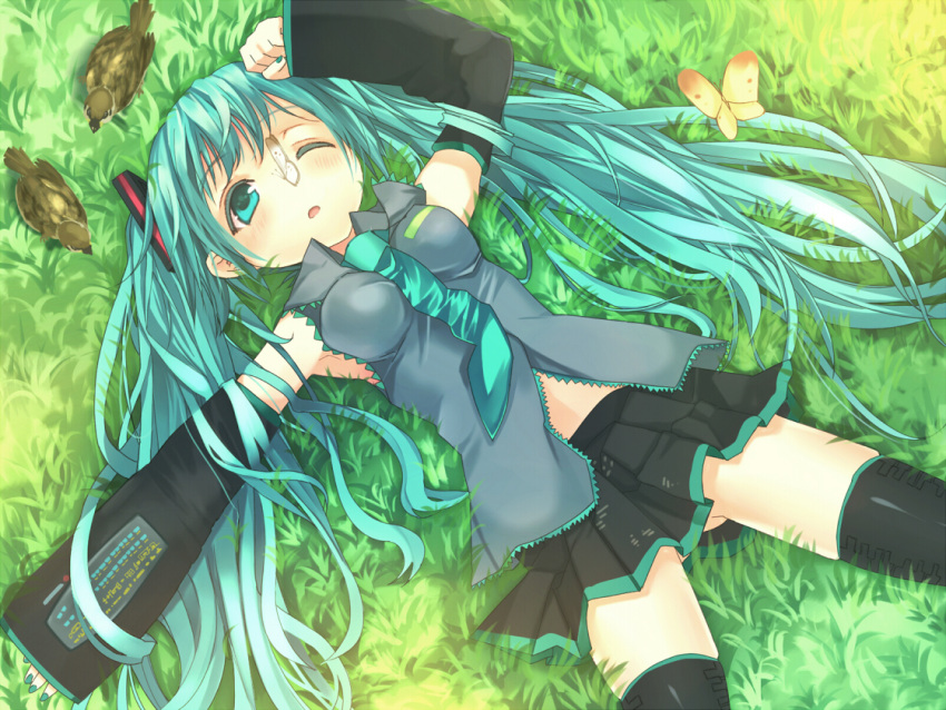 aqua_eyes, aqua_hair, between_breasts, bird, black_legwear, blush, breasts, butterfly