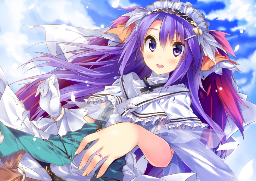 bracelet, capelet, clouds, cloudy_sky, dress, gloves, hair_ornament, hairclip, headdress, highres, jewelry, kuwashima_rein, long_hair, purple_eyes, purple_hair, ring, rune_factory, rune_factory_3, single_glove, sofia_jalapeno_viviage, solo, violet_eyes, white_gloves