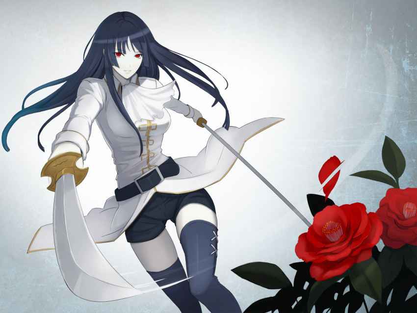 black_hair, flower, flowers, gintama, imai_nobume, long_hair, red_eyes, sword