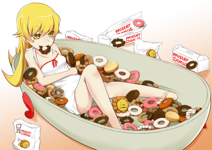 bare_shoulders, barefoot, blonde_hair, blush_stickers, doughnut, dress, fang, feet