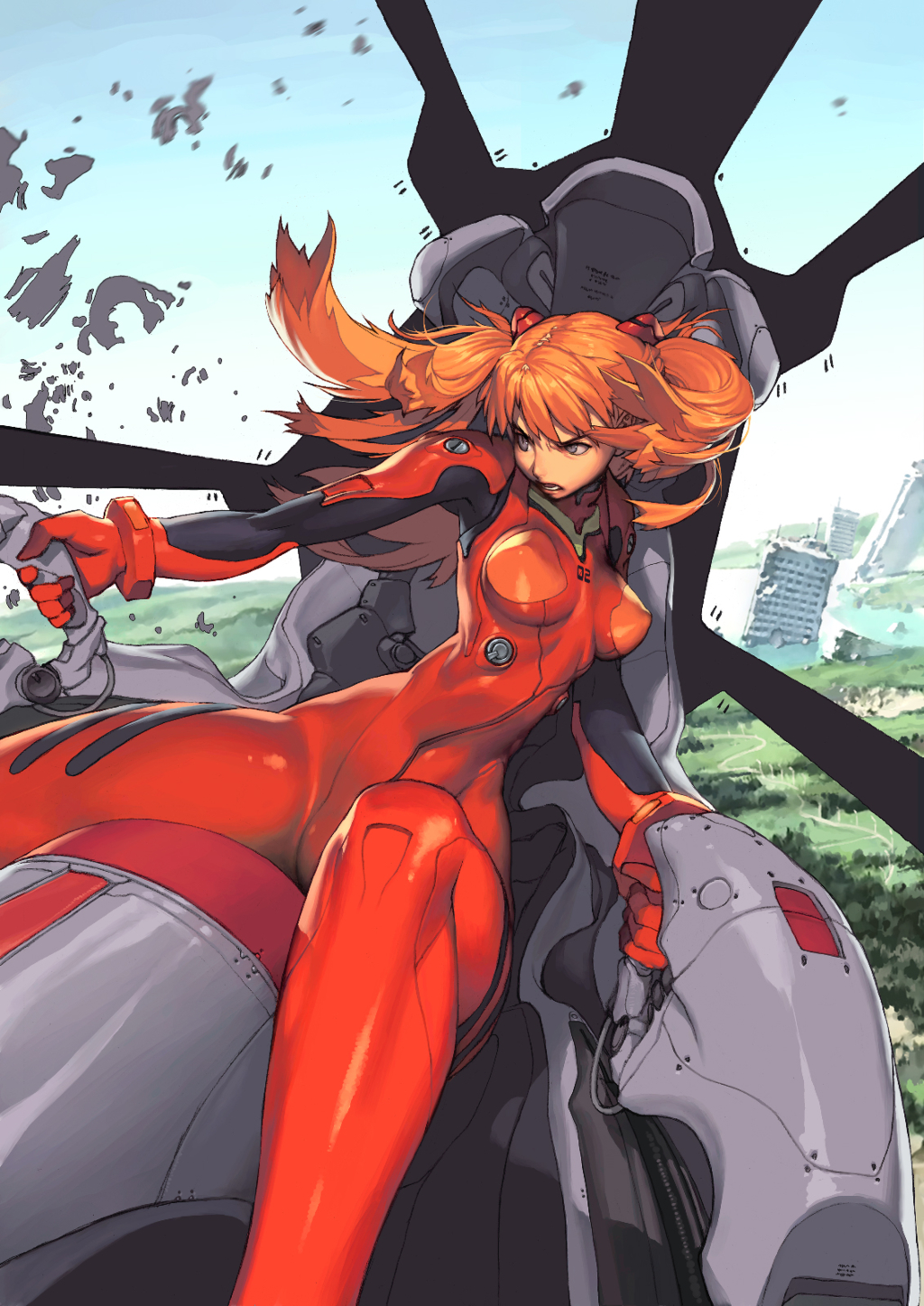 blue_eyes, cockpit, entry_plug, highres, hyung_tae_kim, lips, long_hair, narrow_waist, neon_genesis_evangelion, orange_hair, plugsuit, sitting, sky, solo, souryuu_asuka_langley, wide_hips, window