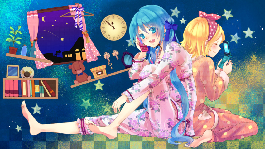 aqua_eyes, aqua_hair, back-to-back, barefoot, blonde_hair, book, bow, cellphone, clock, closed_eyes, clothes_hanger, coat_hanger, curtains, eyes_closed, hair_bow, hatsune_miku, kagamine_rin, koyami_tsukito, long_hair, moon, multiple_girls, night, open_mouth, pajamas, phone, plant, shelf, sitting, smile, star, stars, stuffed_animal, stuffed_toy, teddy_bear, twintails, very_long_hair, vocaloid, window