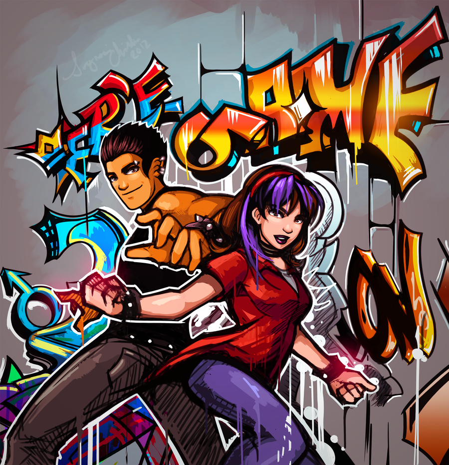 colt_warren, couple, denni_fallon, graffiti, hairband, looking_at_viewer, male, multicolored_hair, piercing, short_hair, signomi, surviving_high_school, tanktop