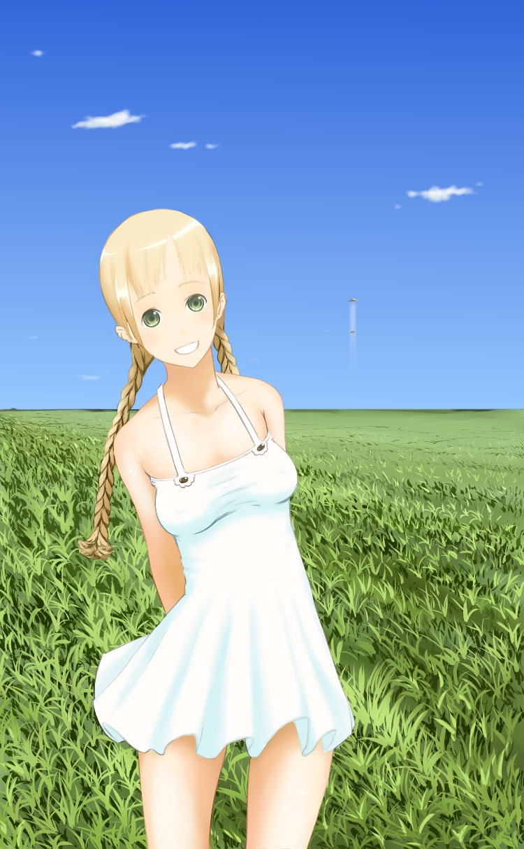 braid, code49, dress, field, grass, green_eyes, highres, nanahime_(aoi)