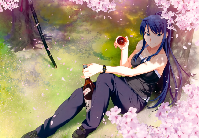 grisaia_no_kajitsu, grisaia_no_meikyu, katana, kusakabe_asako, long_hair, petals, ponytail, sake