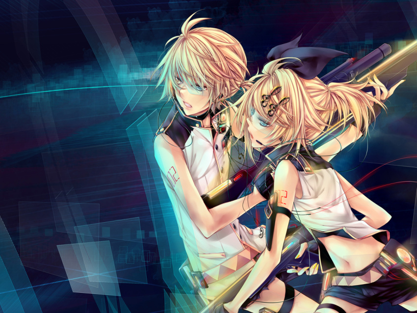 blonde_hair, glasses, gloves, gun, kagamine_len, kagamine_rin, ln, vocaloid