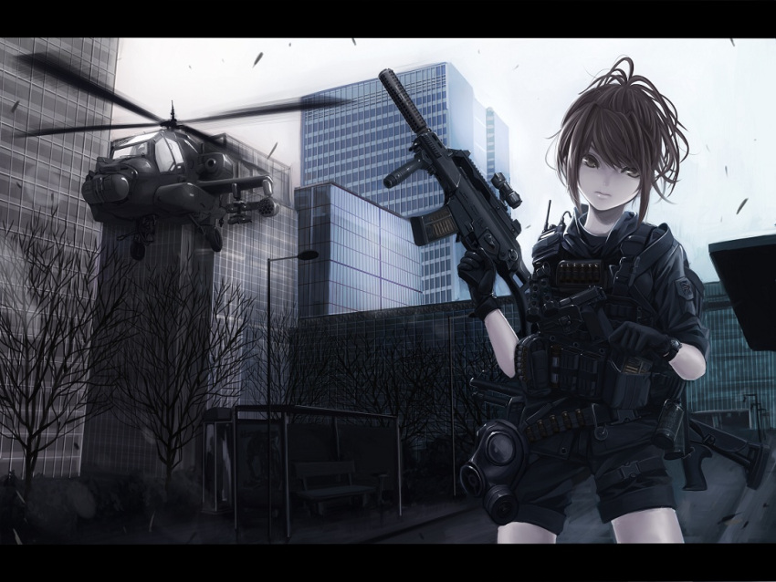 ah-64, ah-64_apache, aircraft, airplane, assault_rifle, bench, black_eyes, black_hair