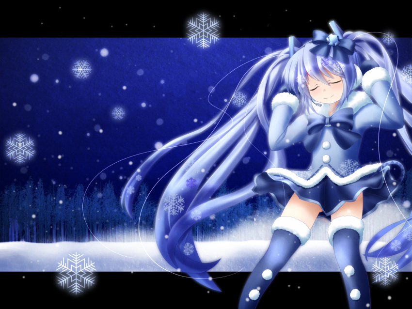 blue, boots, bow, dancing, earmuffs, eyes_closed, fur_trim, hair