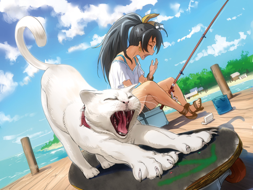andou_chikanori, animal, black_hair, cat, claws, closed_eyes, earrings, eyes_closed