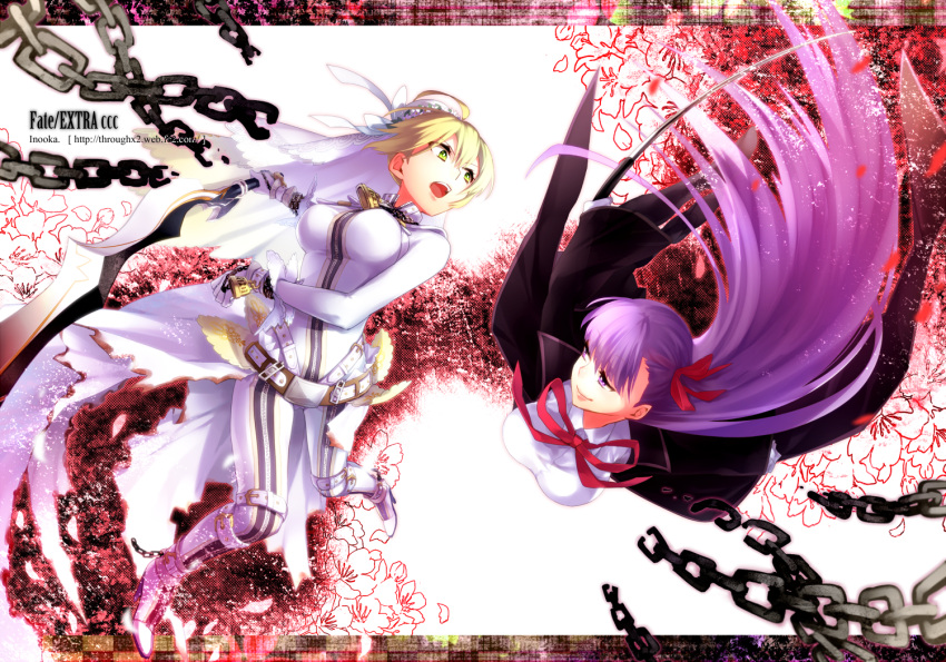 aestus_estus, ahoge, bb_(fate/extra_ccc), belt, blonde_hair, bodysuit, breasts, chain