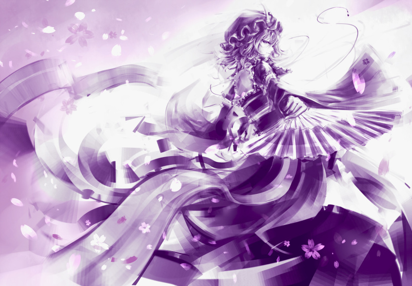 bad_id, fan, flower, folding_fan, hat, highres, kimono, marimo_ouji, monochrome, monotone, petals, pink_hair, saigyouji_yuyuko, short_hair, solo, touhou, triangular_headpiece