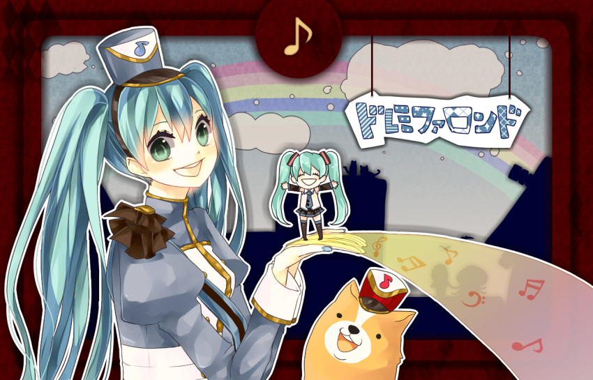 animal, chibi, do_re_mi_fa_rondo_(vocaloid), dog, em_(kmkmp), hat, hatsune_miku, uniform