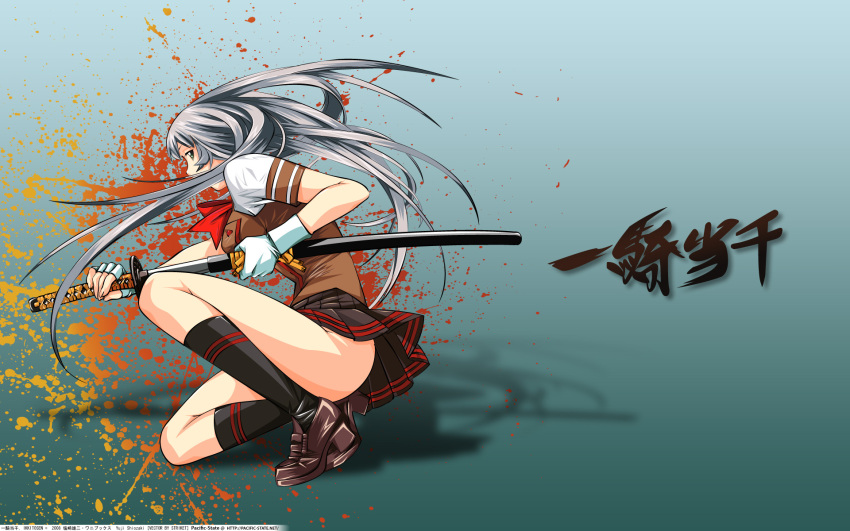 chouun_shiryuu, gloves, grey_hair, ikkitousen, katana, long_hair, photoshop, seifuku