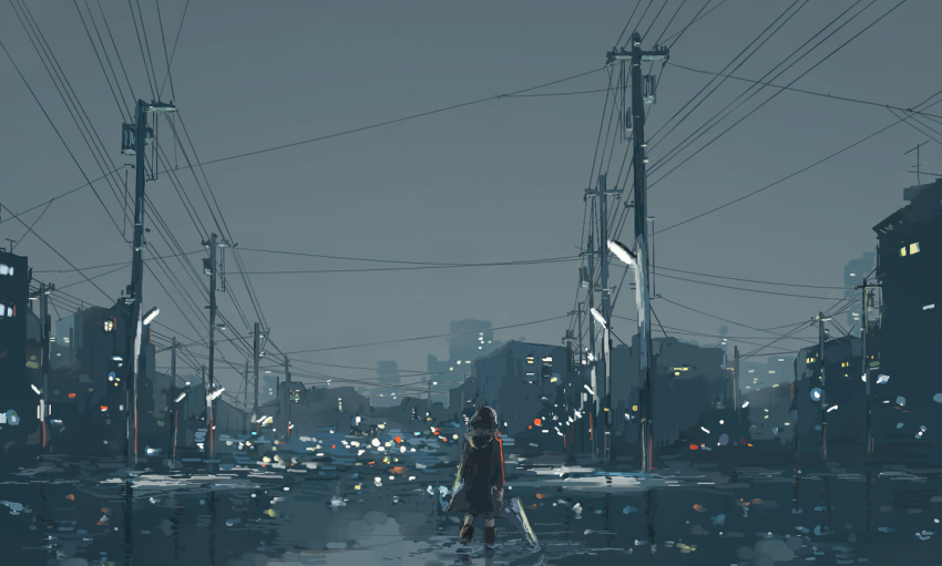 boots, building, city, closed_umbrella, e9l, flood, hanno, original, pole, power_lines, raincoat, scenery, scenic, sky, solo, umbrella, wading, water, wet