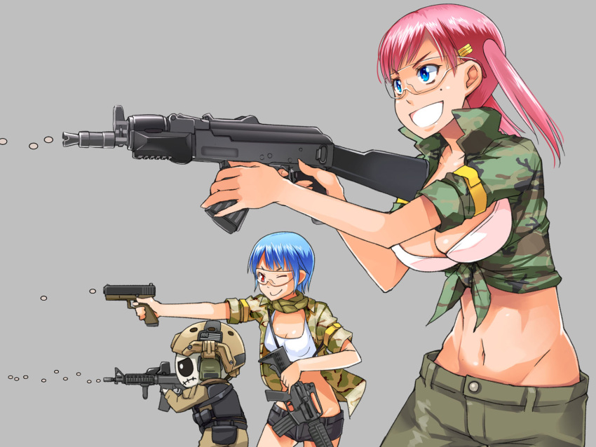 airgun, airsoft, asaki_takayuki, assault_rifle, blue_hair, bra, breasts, cleavage, crop_top, front-tie_top, glock, goggles, gray, grin, gun, handgun, highres, large_breasts, m4_carbine, midriff, military, multiple_girls, navel, open_clothes, open_shirt, original, panda, pink_hair, pistol, red_eyes, rifle, shooting_glasses, short_hair, short_shorts, shorts, sleeves_rolled_up, smile, tied_shirt, twintails, underwear, vertical_foregrip, weapon, wink
