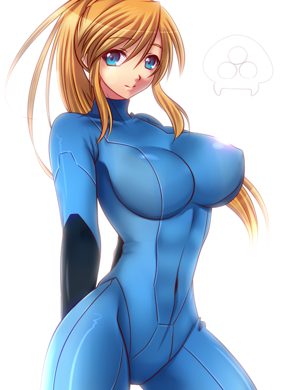 arms_behind_back, blue_eyes, breasts, erect_nipples, falcon-samus_(artist), large_breasts, metroid, metroid_(creature)