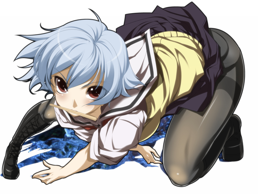 action_pose, ben-tou, black_boots, black_legwear, blue_hair, boots, chopsticks, face, foreshortening, highres, knee_boots, legs_folded, mino106, mouth_hold, panties, panties_under_pantyhose, pantyhose, red_eyes, school_uniform, serafuku, short_hair, skirt, solo, sweater_vest, underwear, yarizui_sen