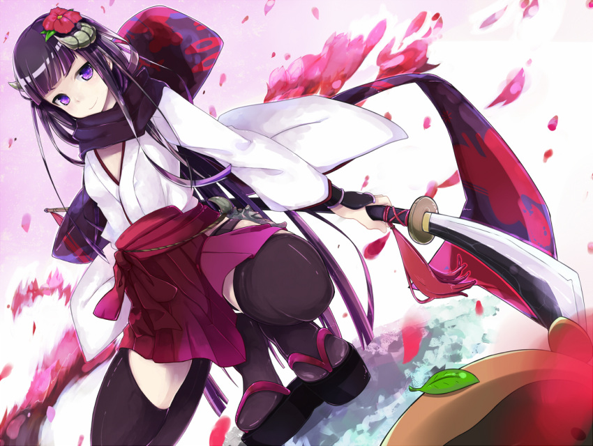 black_legwear, flower, garter_straps, geta, hair_flower, hair_ornament, horns, inu_x_boku_ss, japanese_clothes, kaiten-max_1831, long_hair, miko, petals, purple_eyes, purple_hair, scarf, shirakiin_ririchiyo, smirk, solo, squatting, thighhighs, very_long_hair, weapon