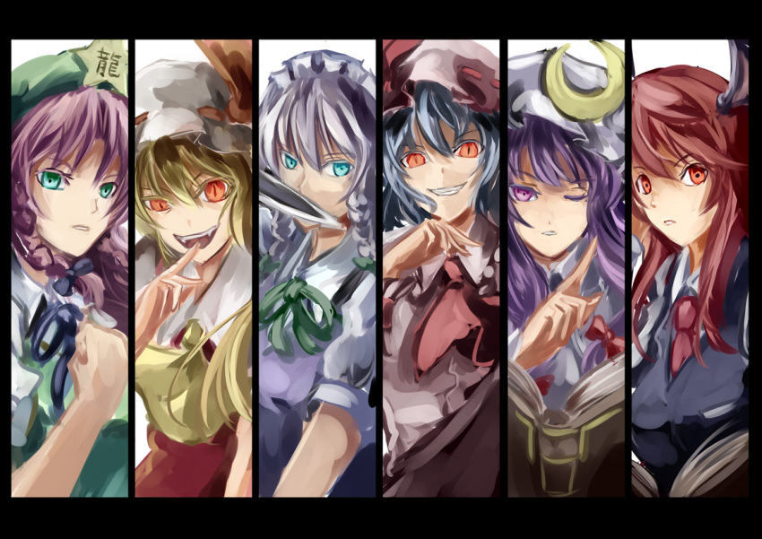 6girls, alternate_hair_color, aqua_eyes, ascot, bat_wings, beret, black_vest, blue_dress