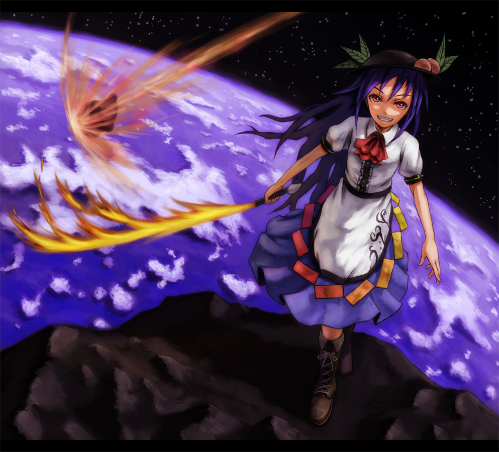 atmospheric_reentry, bad_id, blue_hair, flaming_sword, food, fruit, grin, hat