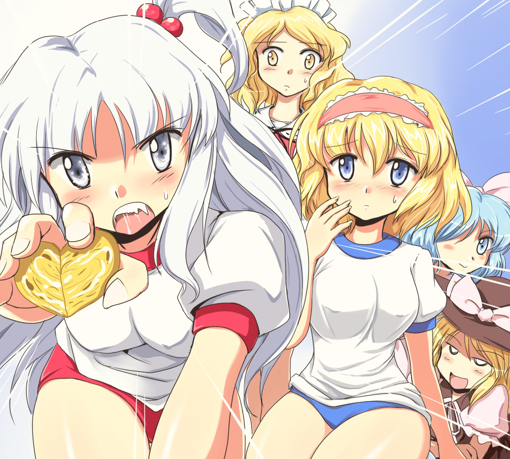 alice_margatroid, blonde_hair, blue_eyes, blue_hair, blush, bow, breasts, buruma