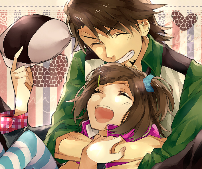 1girl, ^_^, age_difference, brown_hair, cabbie_hat, closed_eyes, eyes_closed, facial_hair, father_and_daughter, hair_ornament, hairclip, hat, hat_removed, headwear_removed, hug, kaburagi_kaede, kaburagi_t_kotetsu, one_side_up, scrunchie, side_ponytail, striped, striped_legwear, stubble, thigh-highs, thighhighs, tiger_&amp;_bunny, unmoving_pattern, vest, waistcoat, wonoco0916