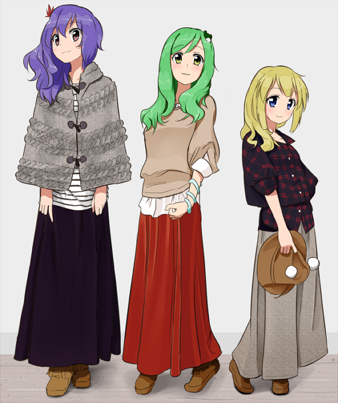 alternate_costume, blonde_hair, blue_eyes, capelet, casual, contemporary, green_hair, hair_ornament
