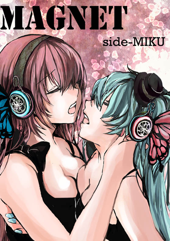 alice-yuki, aqua_hair, breast_press, breasts, character_name, cleavage, closed_eyes, eyes_closed