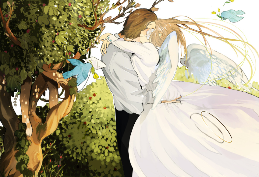 1girl, bandage, bandages, bird, blonde_hair, brown_hair, closed_eyes, dress, envelope, eyes_closed, flower, hageta, halo, highres, hug, long_hair, original, short_hair, wedding_dress, wings