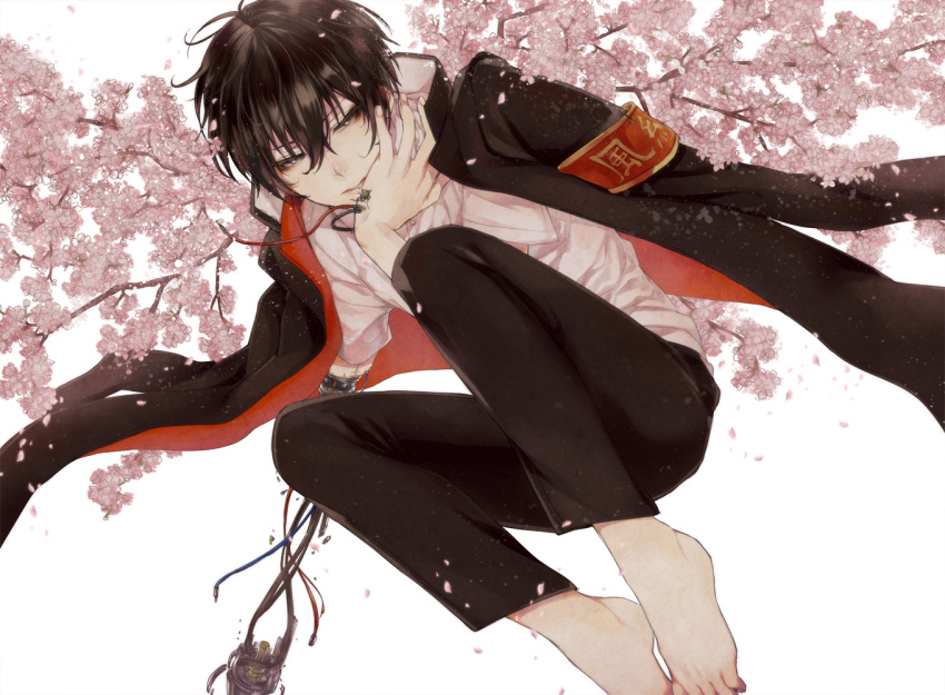 akua, amputee, armband, barefoot, branch, brown_hair, cable, cherry_blossoms