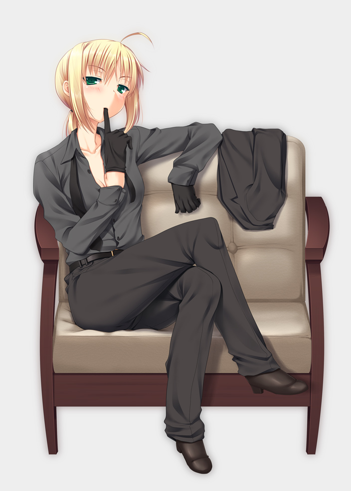 ahoge, belt, biting, black_gloves, blonde_hair, blush, breasts, business_suit
