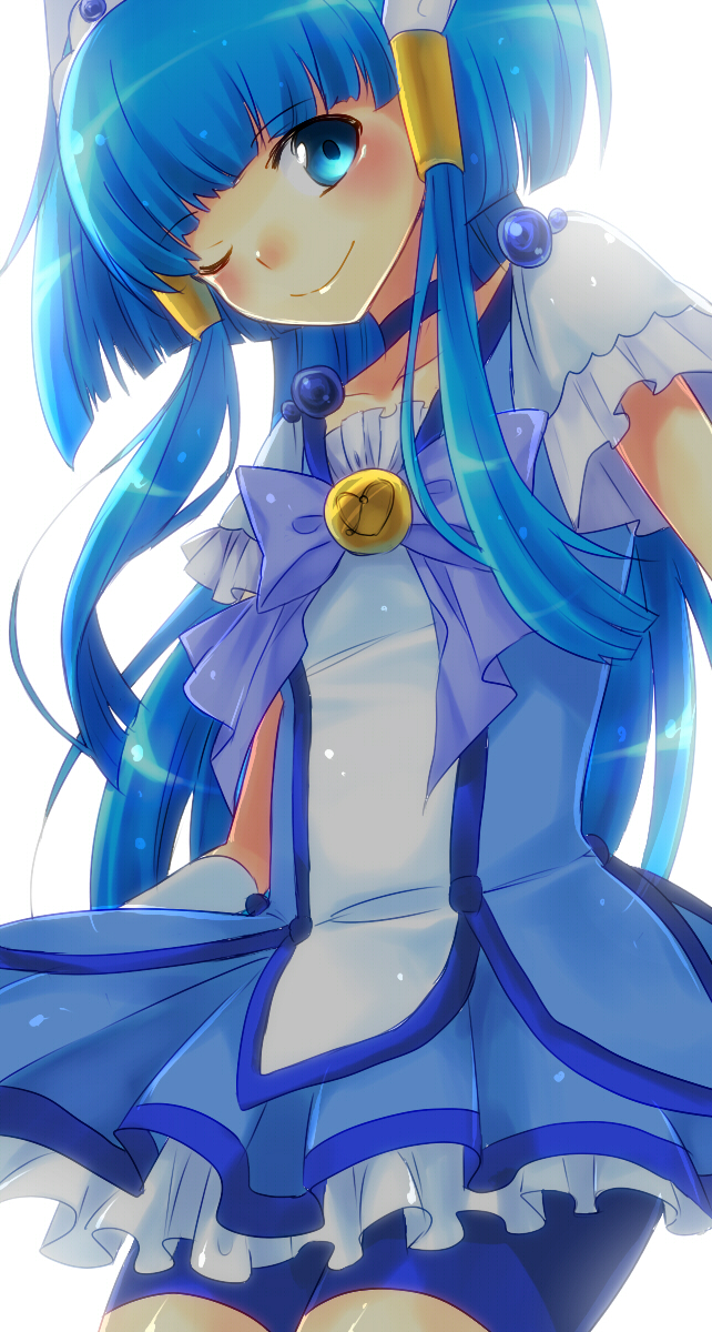amamiya_hisui, aoki_reika, bike_shorts, blue_dress, blue_eyes, blue_hair, bowtie, brooch