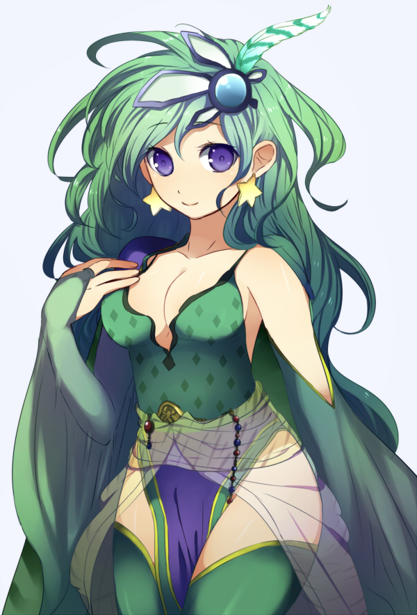 bridal_gauntlets, cleavage, dress, earrings, final_fantasy, final_fantasy_iv, green_hair, jewelry