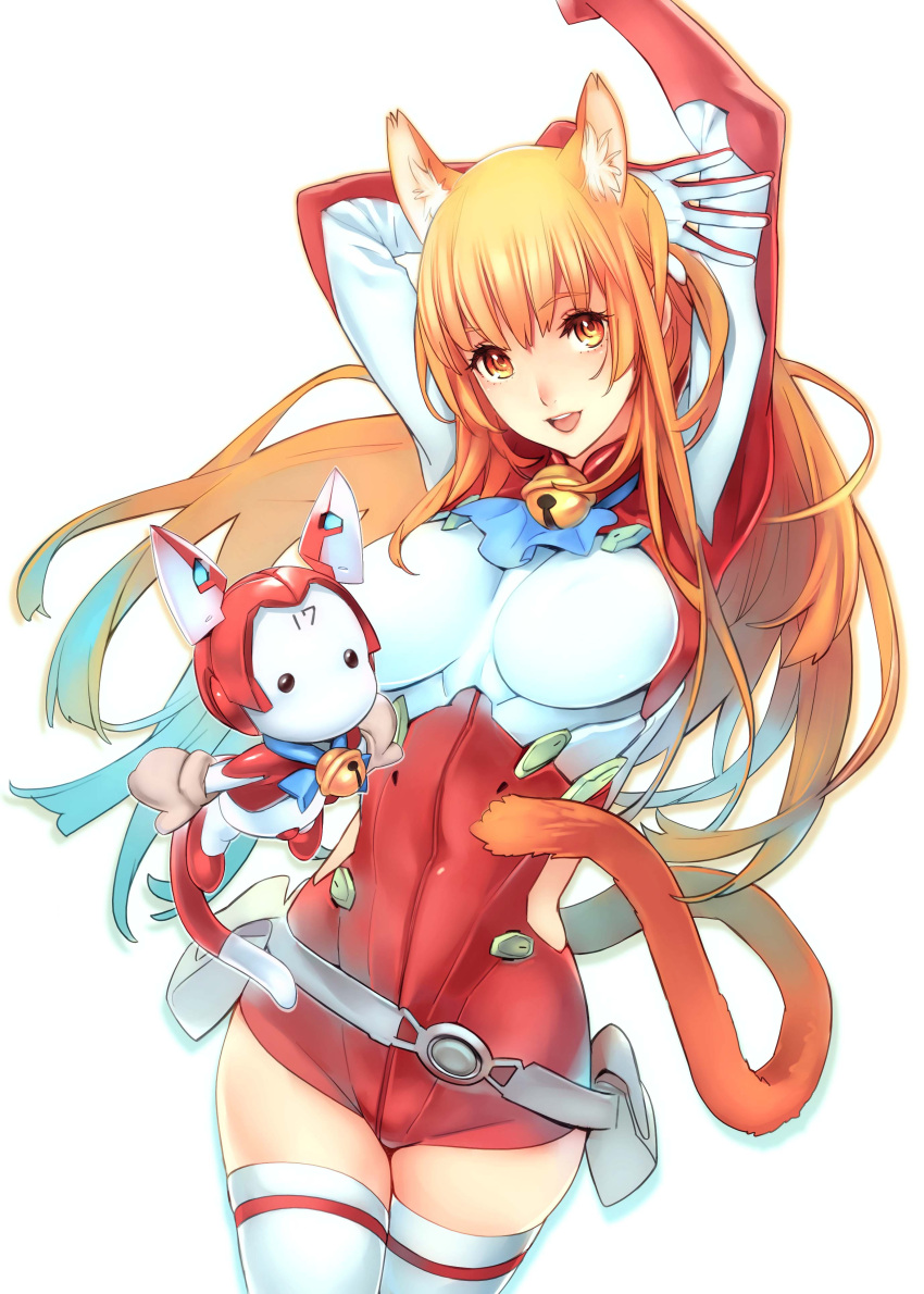 absurdres, animal_ears, arms_up, asobi_ni_iku_yo!, assistaroid, bell, bell_collar, belt_pouch, beltbag, bodysuit, breasts, cat_ears, cat_tail, collar, eris_(asobi_ni_iku_yo!), highres, large_breasts, looking_at_viewer, nishieda, open_mouth, robot, simple_background, tail, thigh-highs, thighhighs, white_background, white_legwear