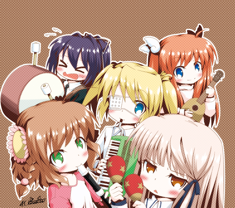 blonde_hair, blue_eyes, blush, braid, brown_eyes, brown_hair, child, eyepatch