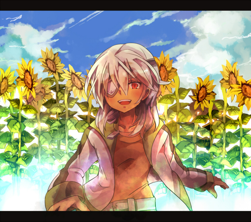 :d, belt, eyepatch, flower, flower_field, inazuma_eleven, inazuma_eleven_(series), inazuma_eleven_go