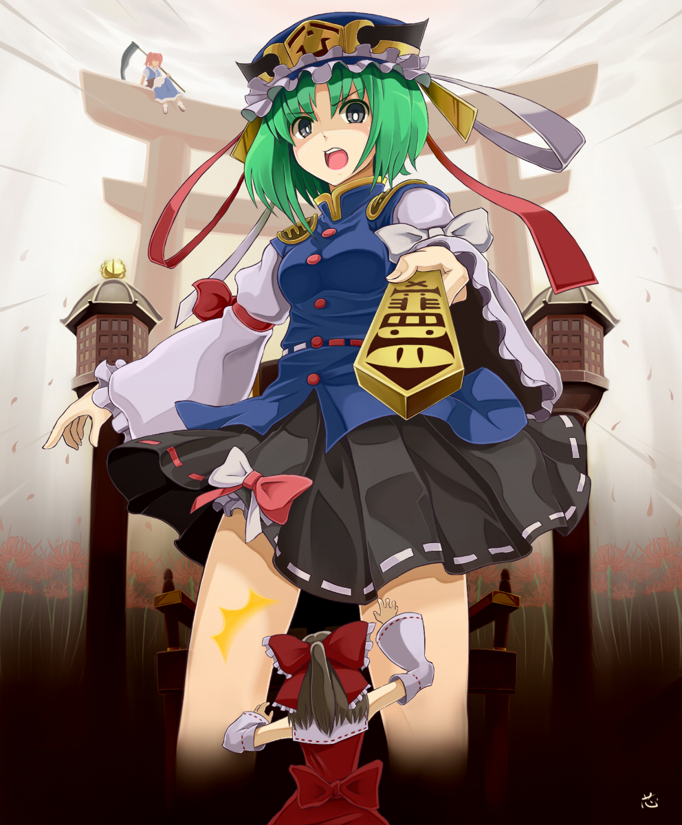3girls, arm_ribbon, arms_up, bad_id, bow, brown_hair, capelet, chair