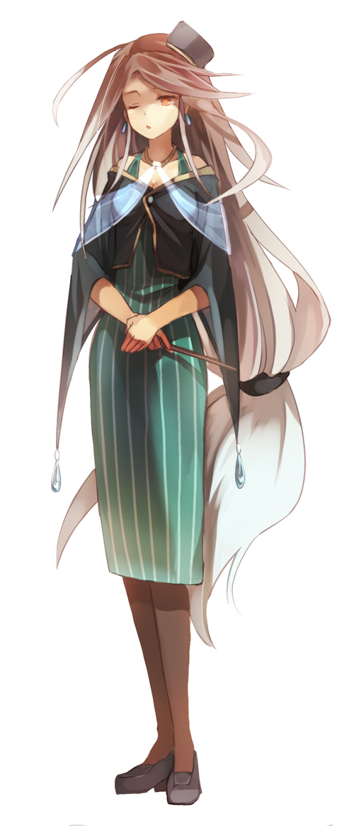 bad_id, breasts, brown_eyes, brown_hair, cleavage, earrings, full_body, hat