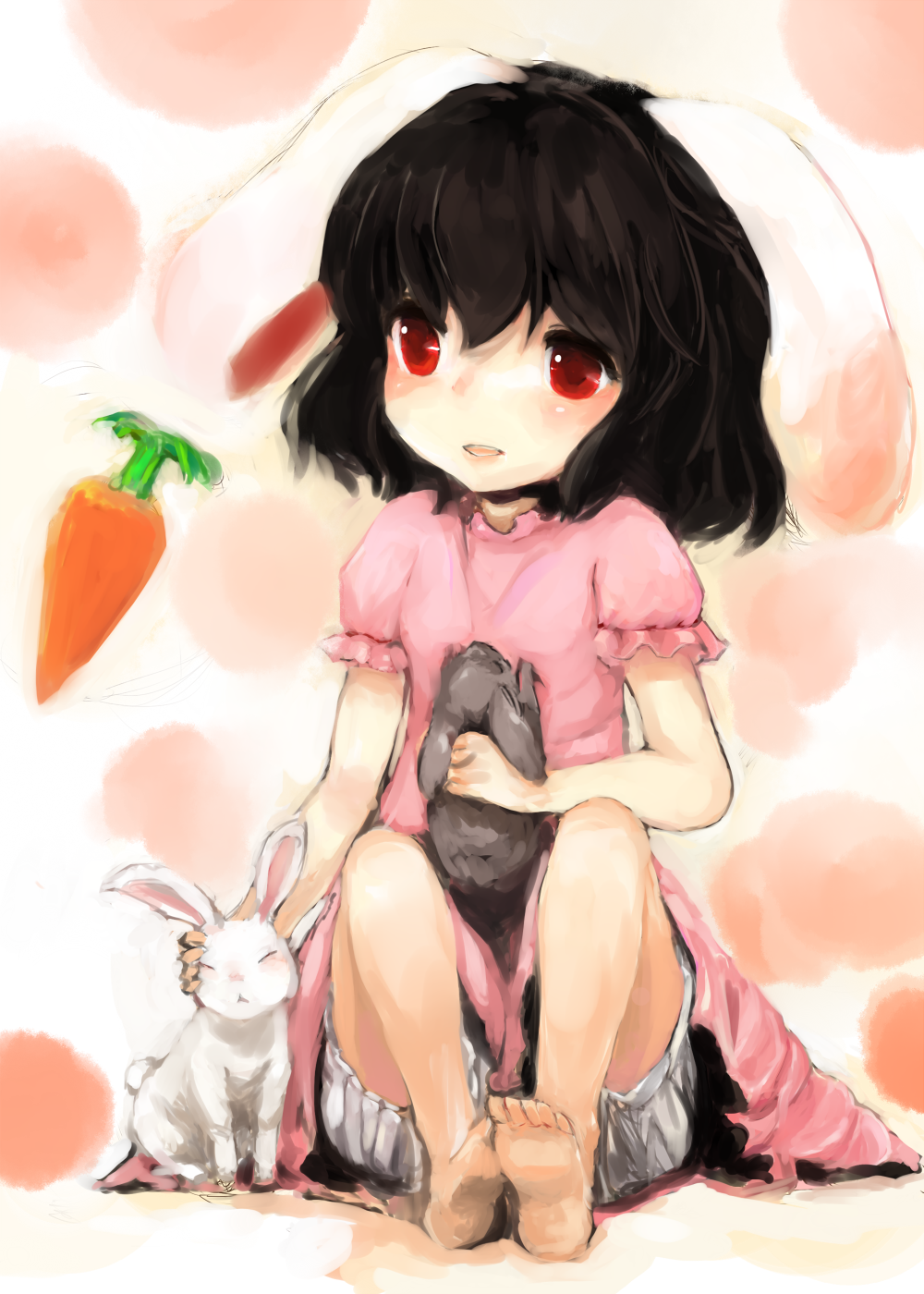 animal_ears, animal_hug, bad_id, barefoot, black_hair, bloomers, bunny, bunny_ears