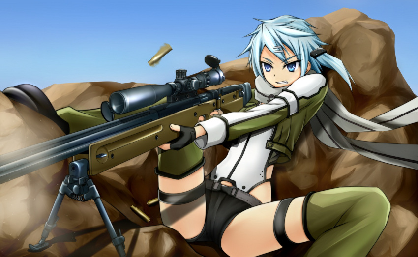 aiming, aqua_eyes, aqua_hair, bipod, bolt_action, casing_ejection, clenched_teeth, fingerless_gloves