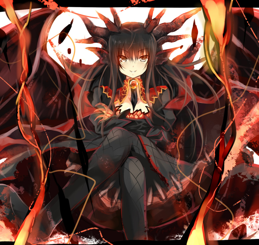 crossed_arms, crossed_legs, dragon, dragon_ears, dragon_girl, fatalis, grin, highres