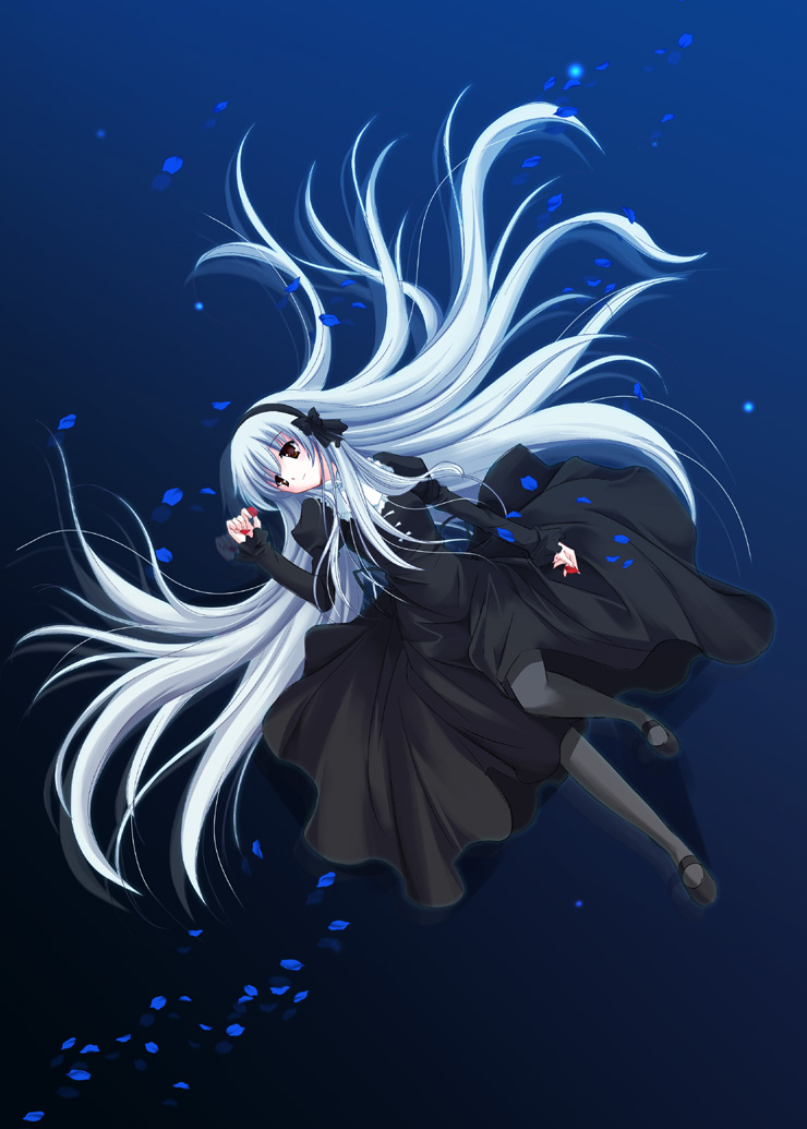 bangs, black_legwear, bow, dress, dutch_angle, frills, from_above, gothic_lolita