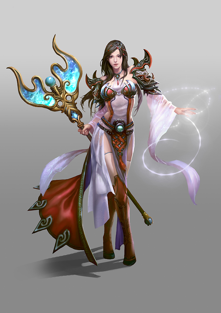 akizhao, boots, brown_eyes, brown_hair, character_request, copyright_request, dress, hair_ornament, long_hair, magic, realistic, side_slit, solo, staff, wide_sleeves