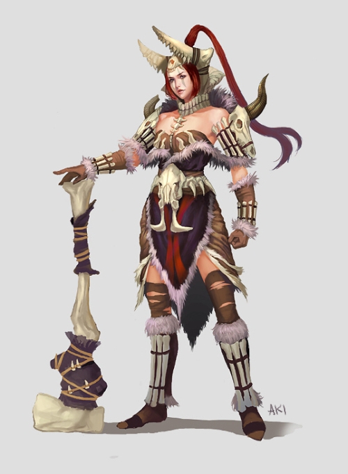 akizhao, armor, barbarian, bone, brown_hair, club, fantasy, helmet