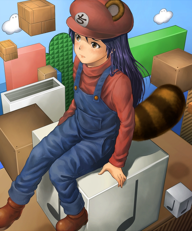 animal_ears, block, blue_hair, brown_eyes, chiaki_rakutarou, cloud, cosplay, hat, idolmaster, jump_block, kisaragi_chihaya, lips, long_hair, mario, mario_(cosplay), musical_note, nintendo, note_block, overalls, raccoon_ears, raccoon_mario, raccoon_tail, shoes, sitting, solo, super_mario_bros., suspenders, tail