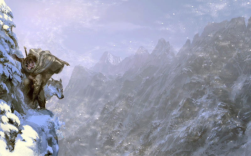 a_song_of_ice_and_fire, akizhao, brown_hair, cape, forest, ghost_(a_song_of_ice_and_fire), jon_snow, mountain