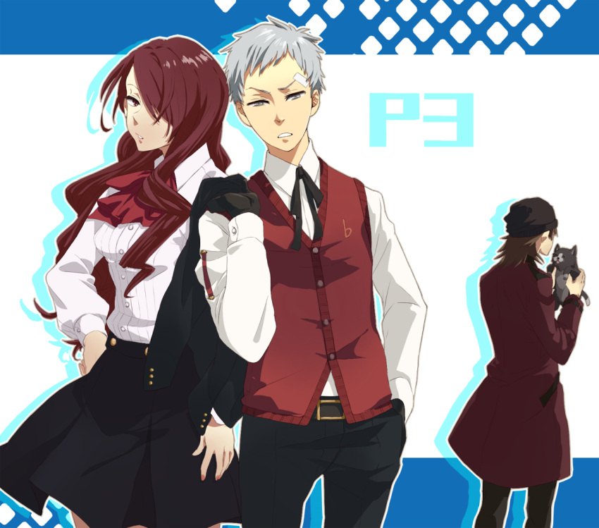 2boys, animal, aragaki_shinjirou, beanie, bow, brown_hair, cat, gloves, grey_eyes, grey_hair, grown_hair, hair_over_one_eye, hat, highres, kirijou_mitsuru, long_hair, multiple_boys, persona, persona_3, red_eyes, red_hair, redhead, ribbon, sanada_akihiko, school_uniform, trench_coat