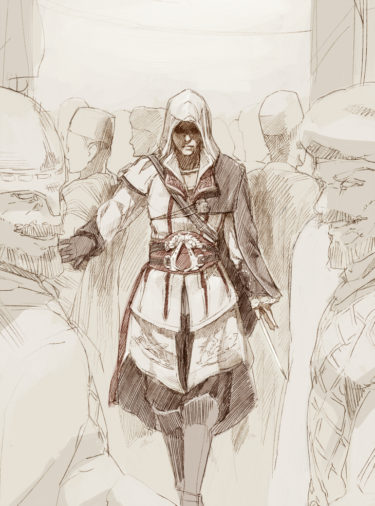 assassin's_creed, assassin's_creed_ii, assassin's_creed_ii, beige, brown, cape, ezio_auditore_da_firenze, gloves, hood, monochrome, shihou, shihou_(g-o-s), sketch