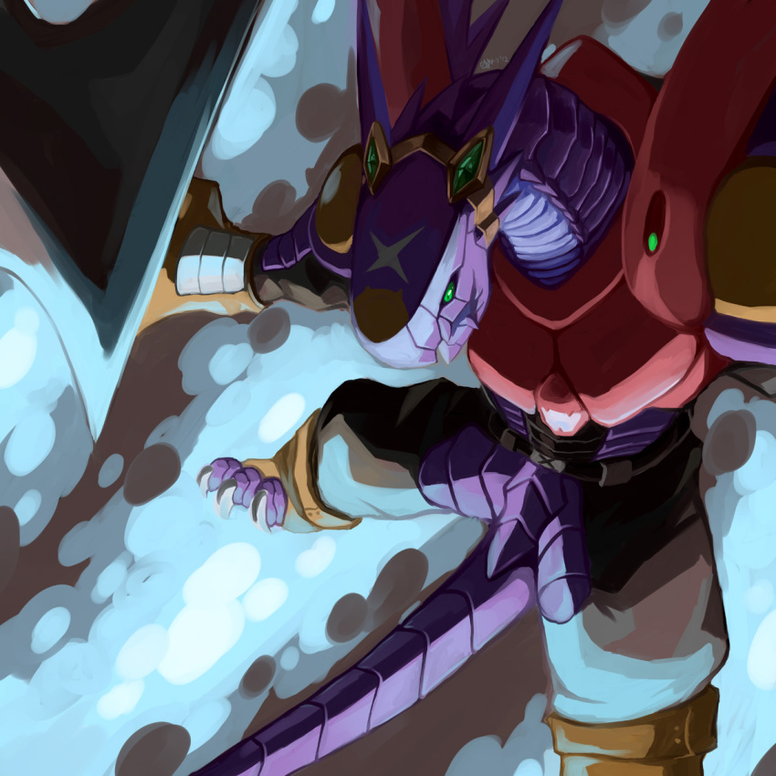 arresterdramon, belt, claws, digimon, digimon_xros_wars, from_above, garmmon, gauntlets